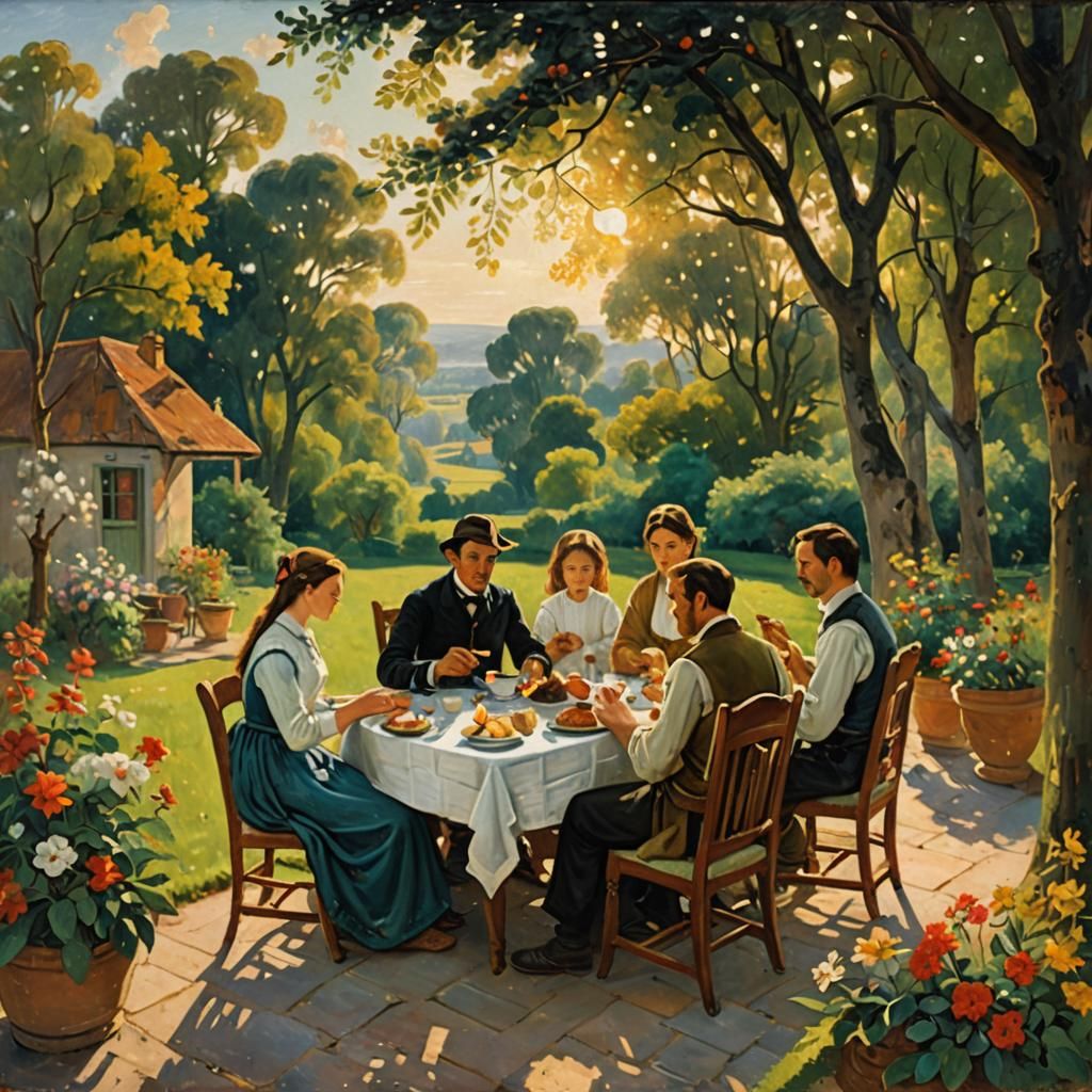 Family Breakfast in a Sunlit Landscape, Oil Painting