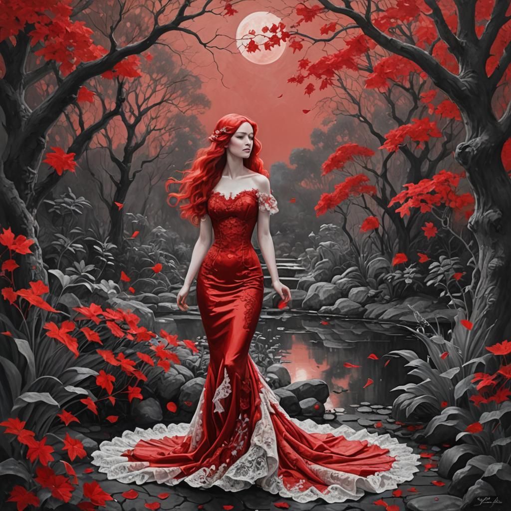Monochrome Red: Mermaid in a Red Garden