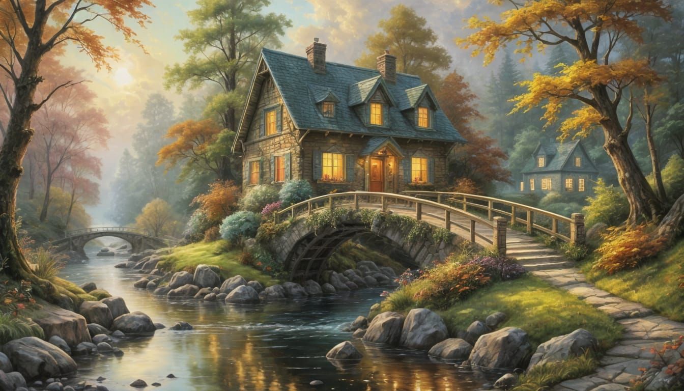 Autumn Bridge in Quaint Village Landscape