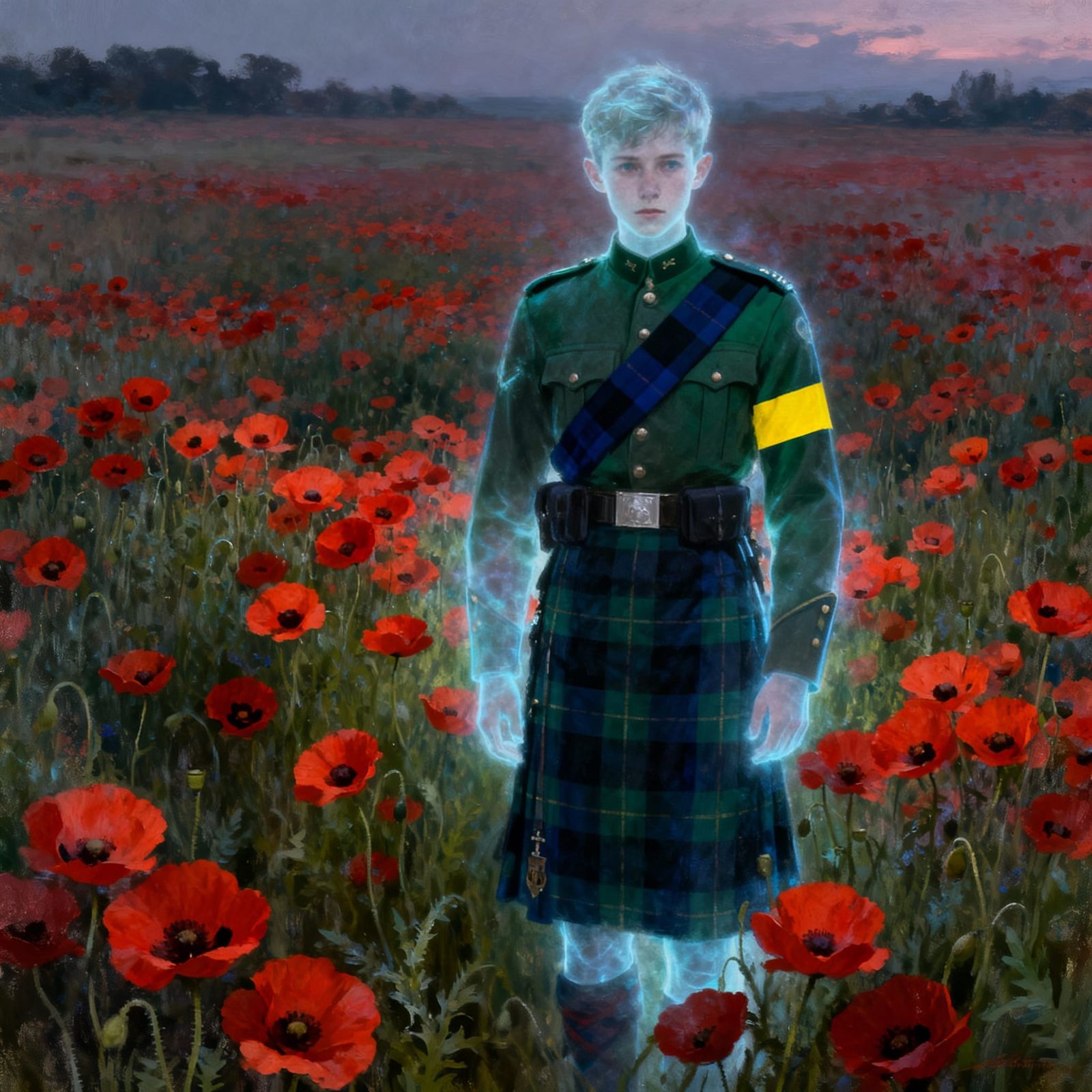Spectral Scottish Soldier in Poppy Field at Twilight