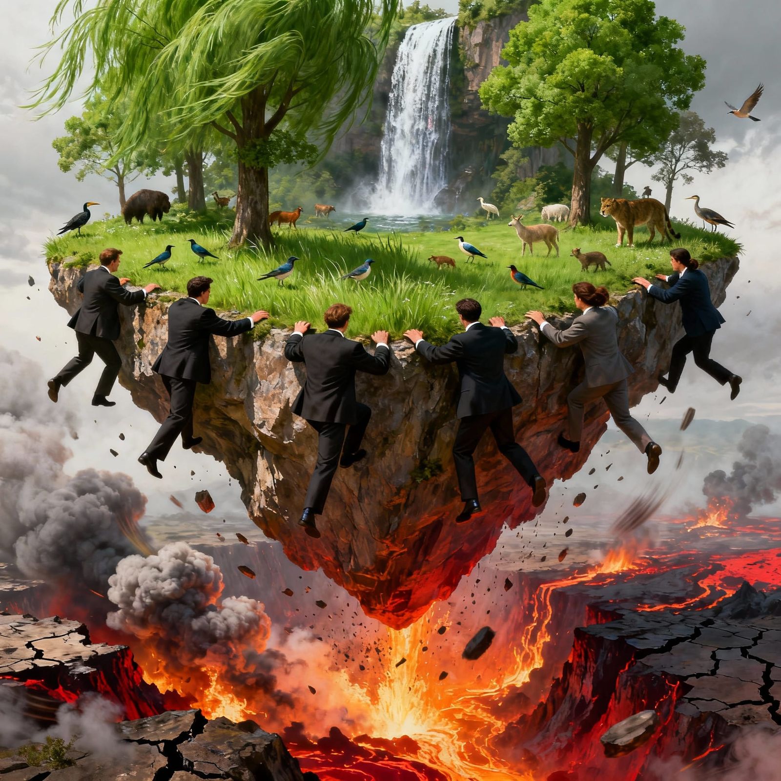 People in Suits Cling to Floating Island Above Disaster