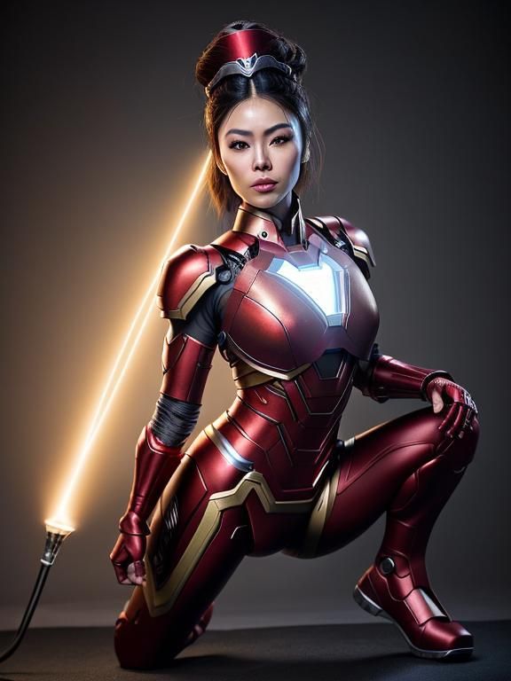 A colorful frontal full body lifestyle portrait of a young Asian woman wearing ironman armor, in ornateness red, gold, a...