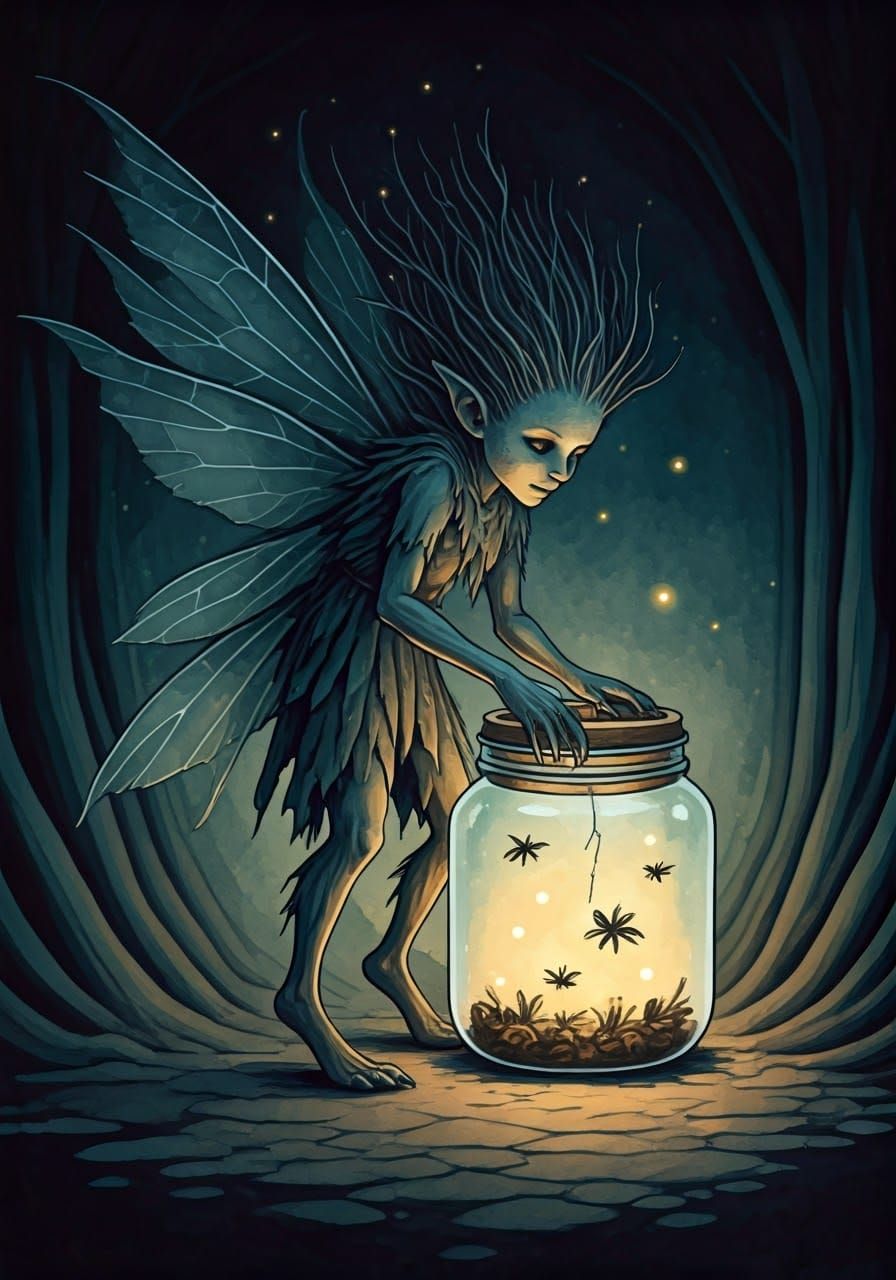 Whimsical Sprite Collects Fireflies in Crystal Jar