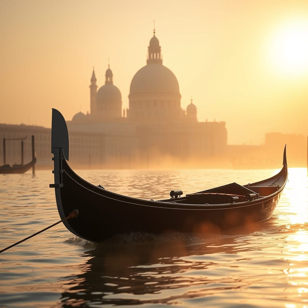 Venetian Gondola Drifts Through Golden Mist