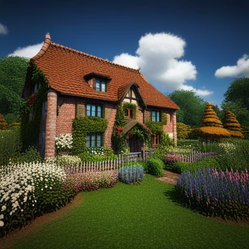Old Brick House with Flower Garden: Detailed Matte Painting