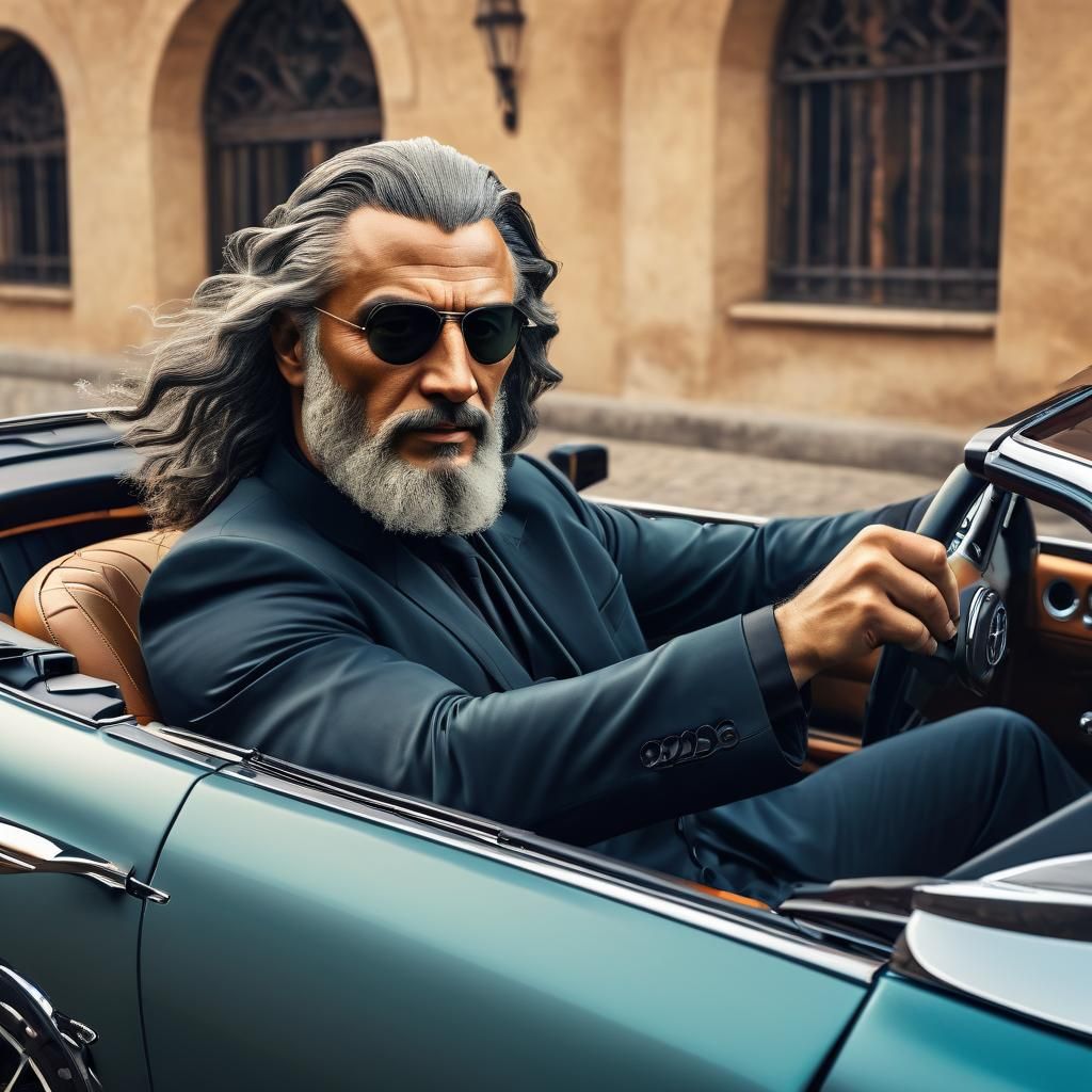 Leonardo da Vinci driving an Aston Martin convertible.