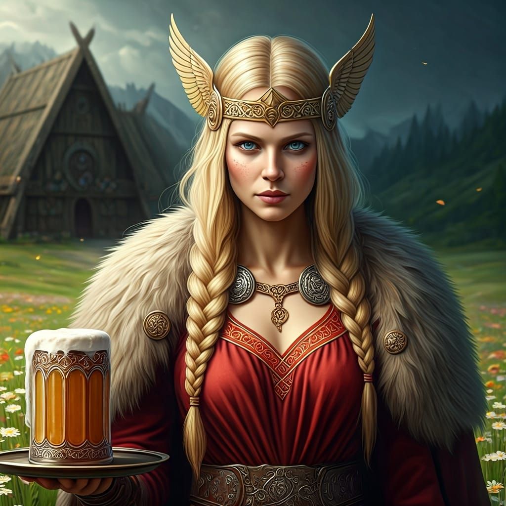 Viking Valkyrie Serving Ale in Valhalla: Digital Art