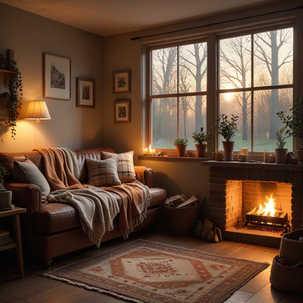 Cozy Cottage Interior Bathed in Warm Evening Light