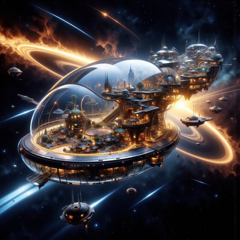 Colossal Glass Spaceship City Among Saturn's Rings