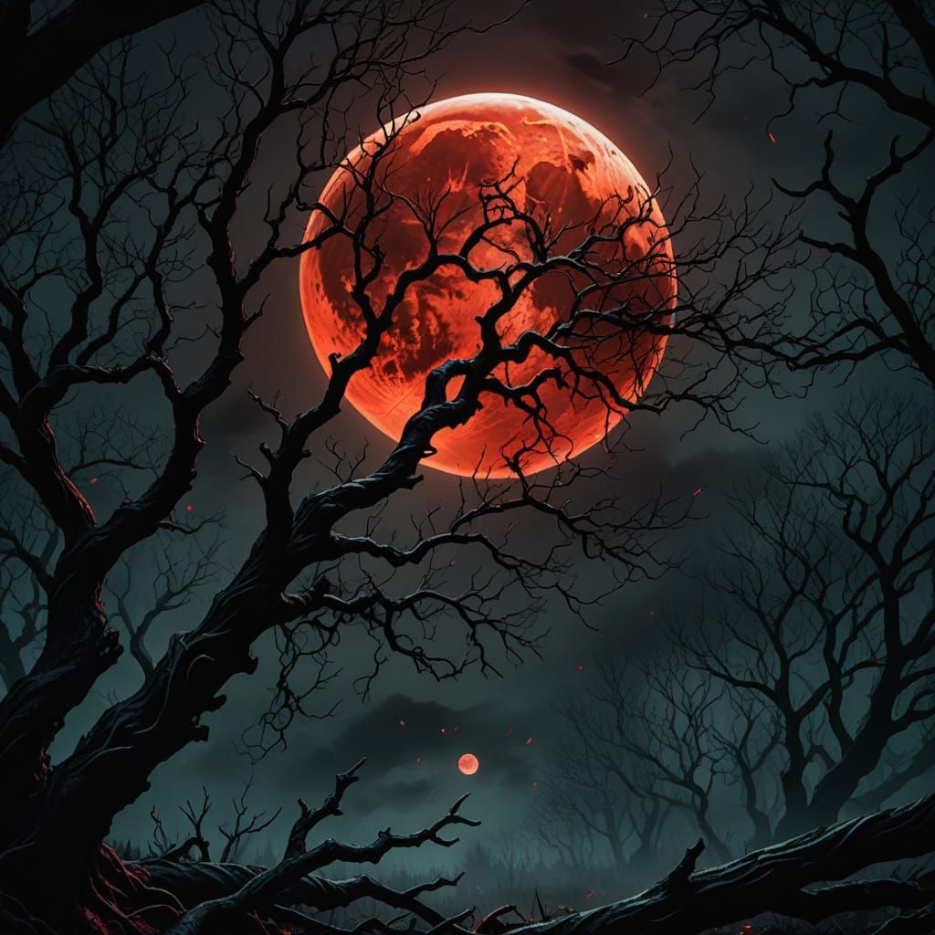 Blood Moon in Dark Fantasy Landscape