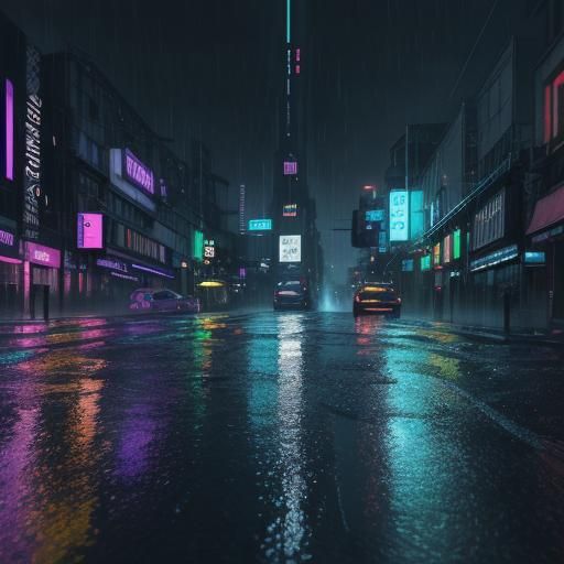 Neon Rain on Wet City Street in Photorealistic Style