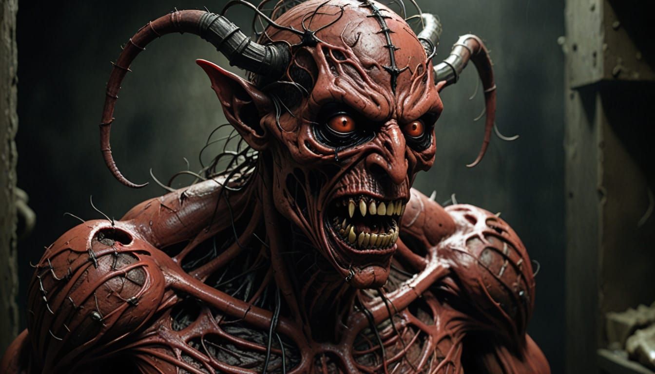 Grotesque Demonic Vivisection in Shadowy Horror Scene