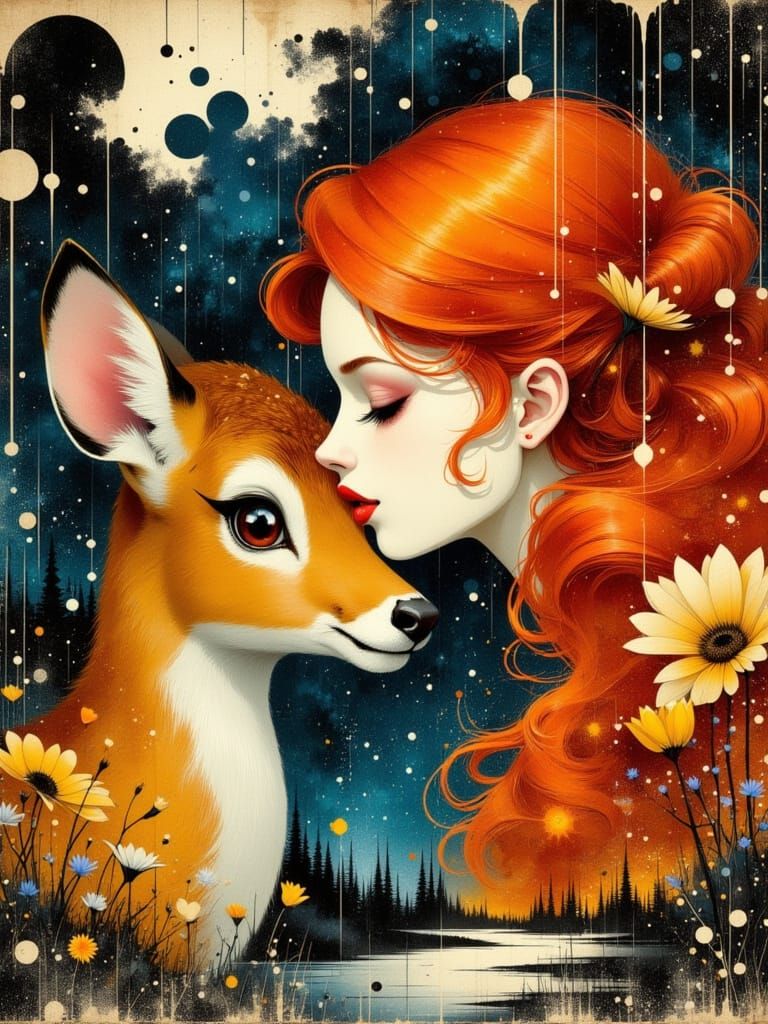 A beautiful woman with long, luscious wavy red hair and soft, gentle features, tilts her head to lovingly kiss the foreh...