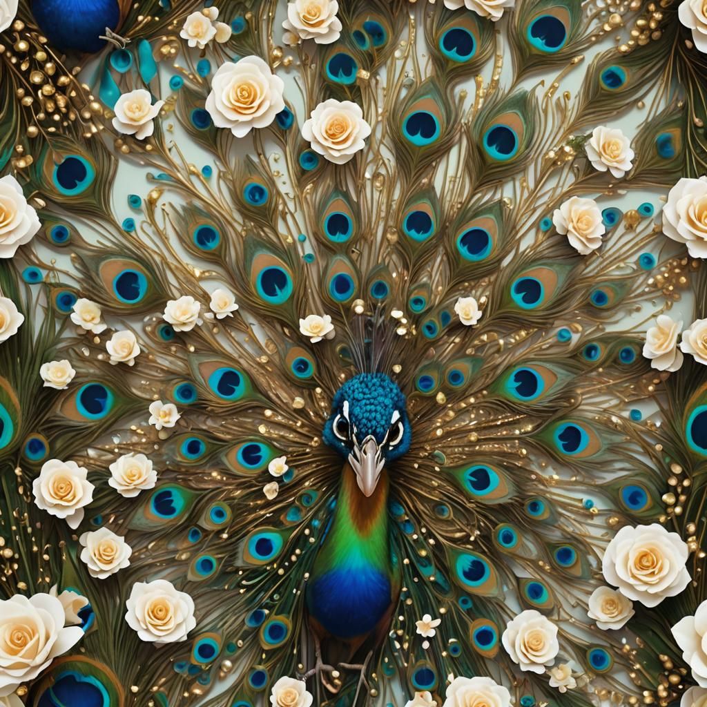 Glittering Baby Peacock with Roses, Digital Art