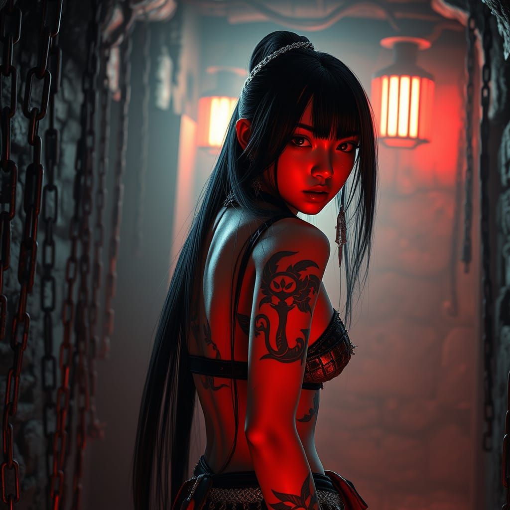 Gothic Thai Girl in Chains, Old Dungeon, Cyberpunk Aesthetic