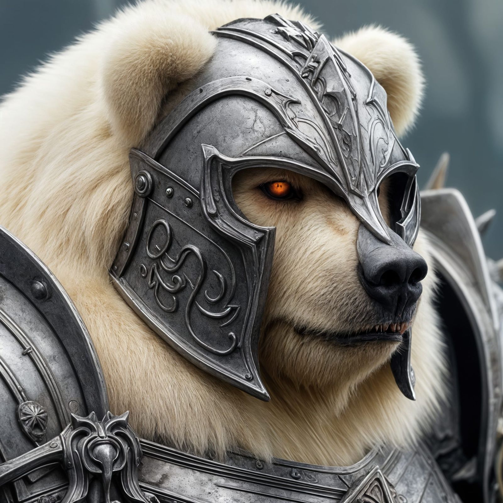 Albino Grizzly Bear-Warlord in Full Armor Close-up