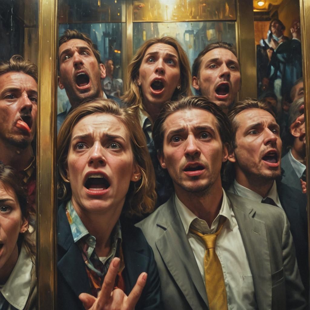 Crowded Elevator Dilemma: A Surrealist Oil Painting