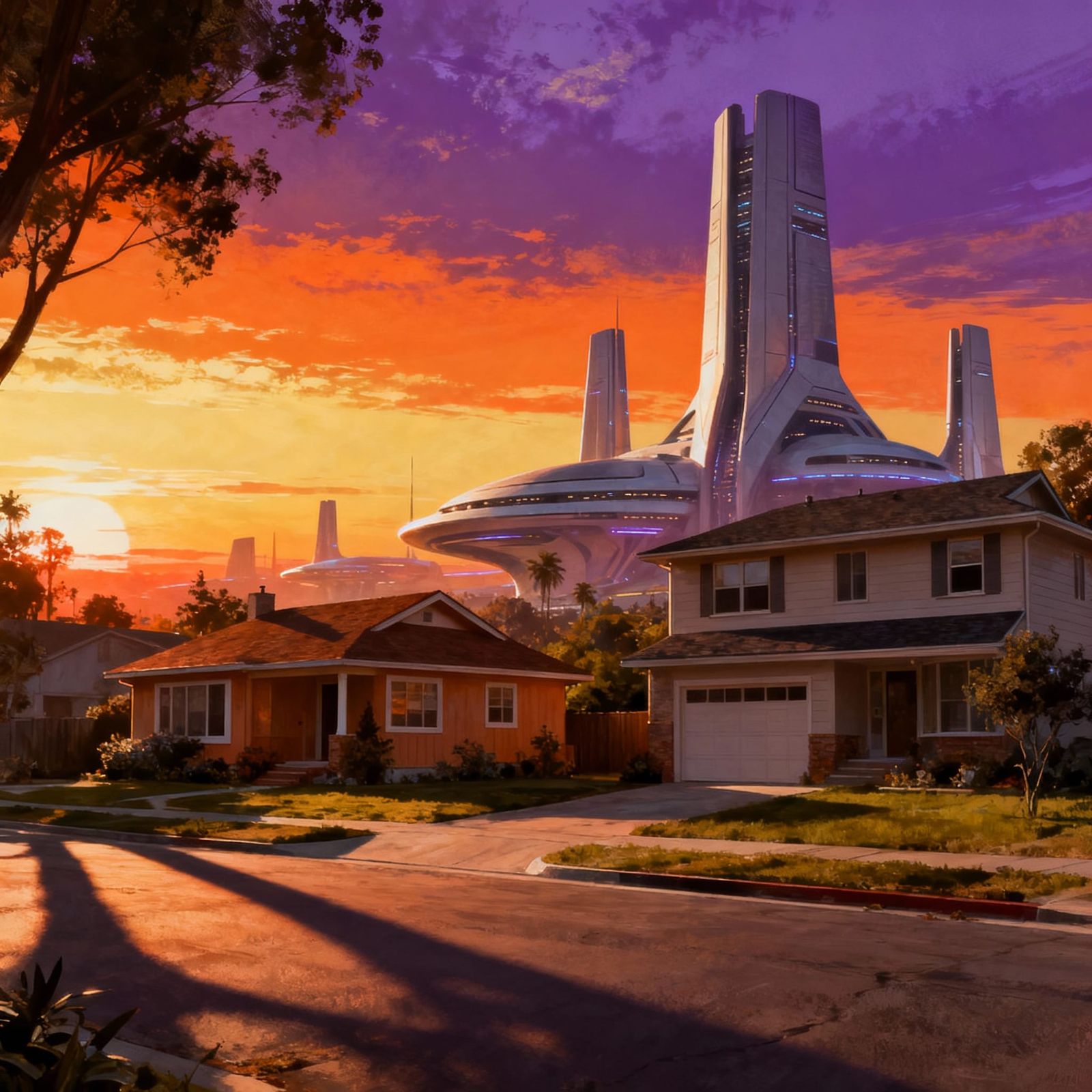 Futuristic American Suburbia at Sunset
