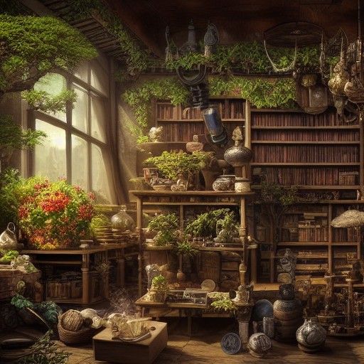 Magical Herbalist Store with Potions and Books