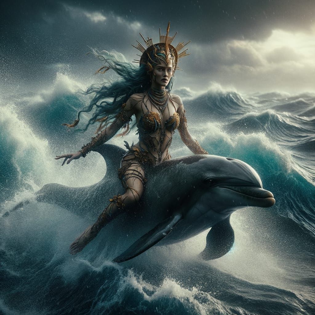 Sultry Sea Goddess Rides Majestic Dolphin through Turbulent ...