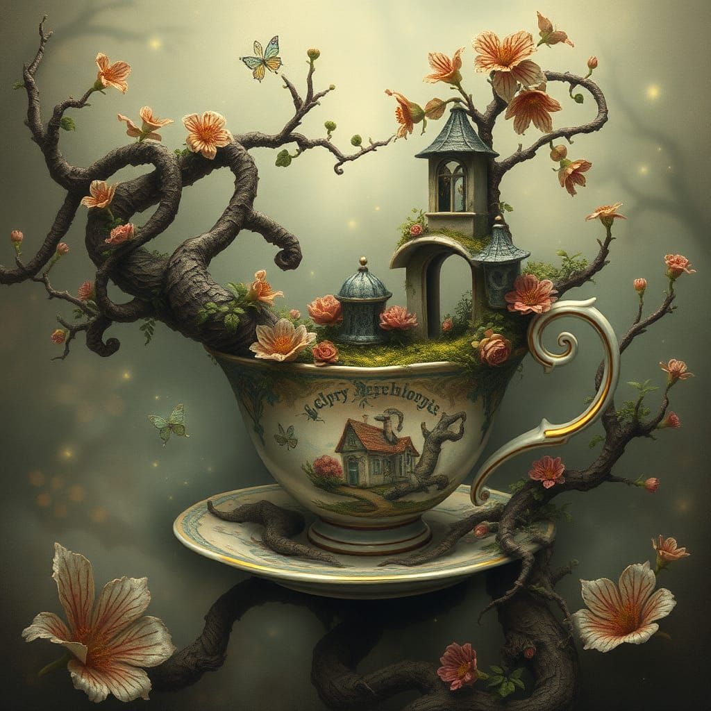 Enchanted Teacup World in Symbolist Style