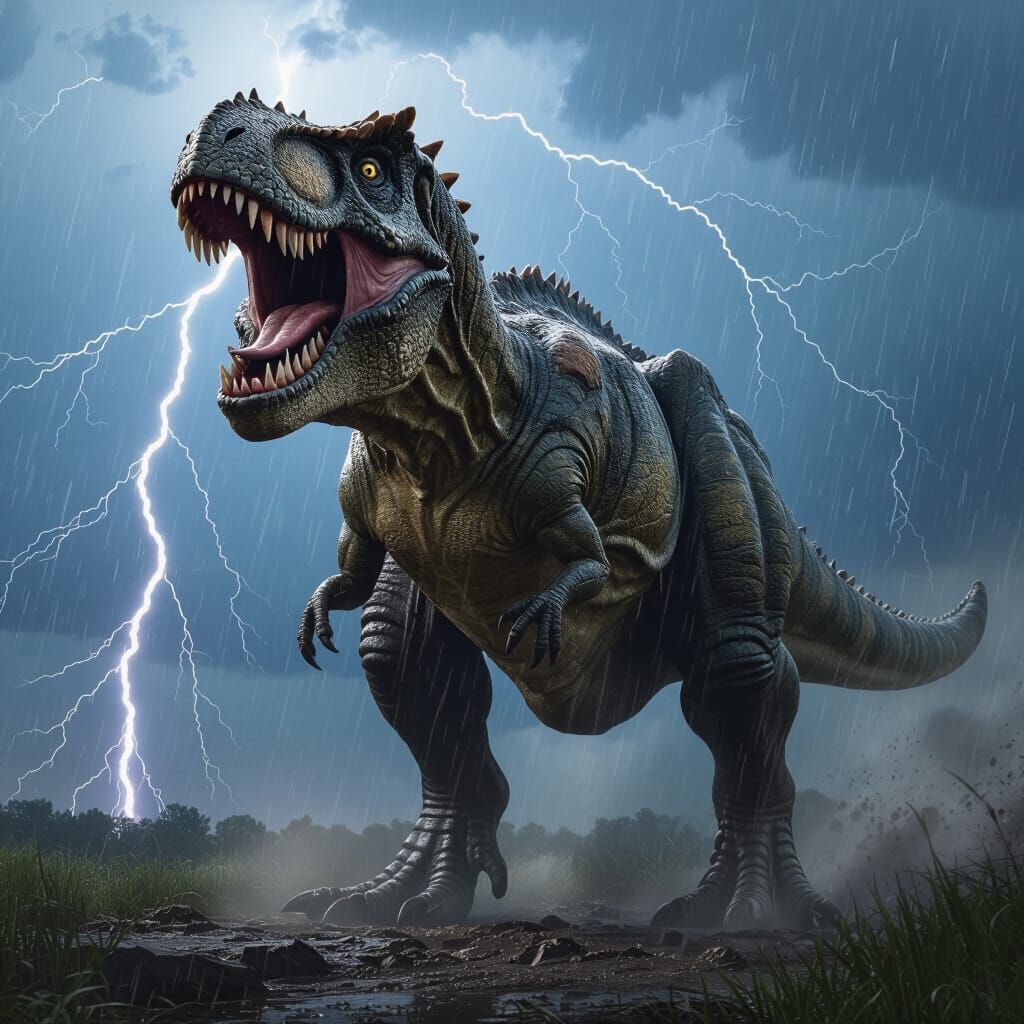 Hyperrealistic T-Rex Roaring in Stormy Landscape