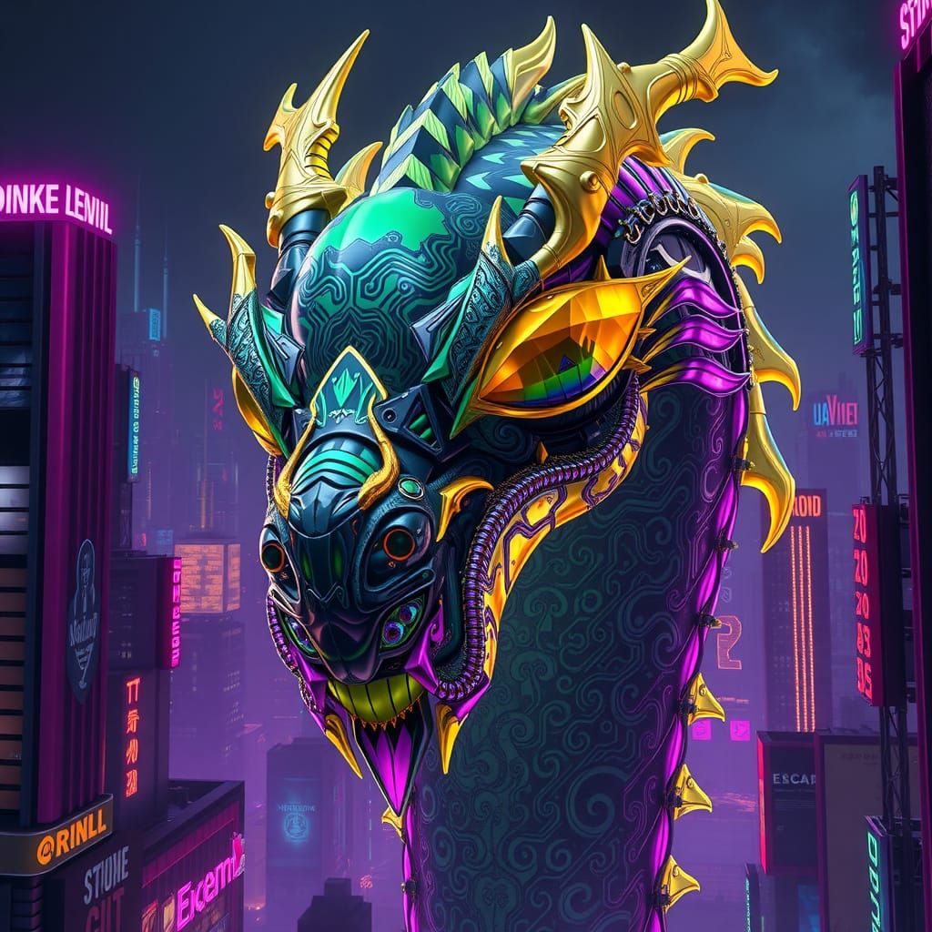 Biomechanical Dragon in Cyberpunk Cityscape