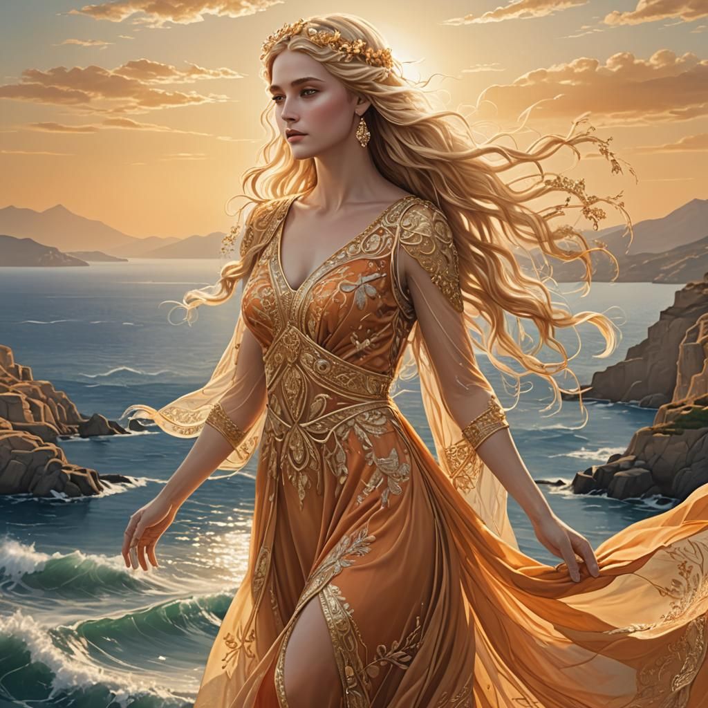 Ethereal Golden Goddess in Gouache Style