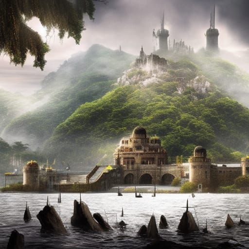 Epic Fantasy City on Southern Shore in Mist