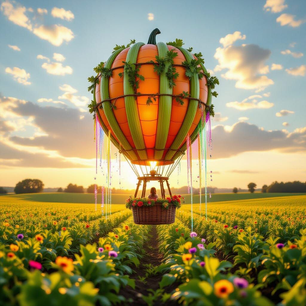 Whimsical Vegetable Hot Air Balloon Fertilizing Farmland