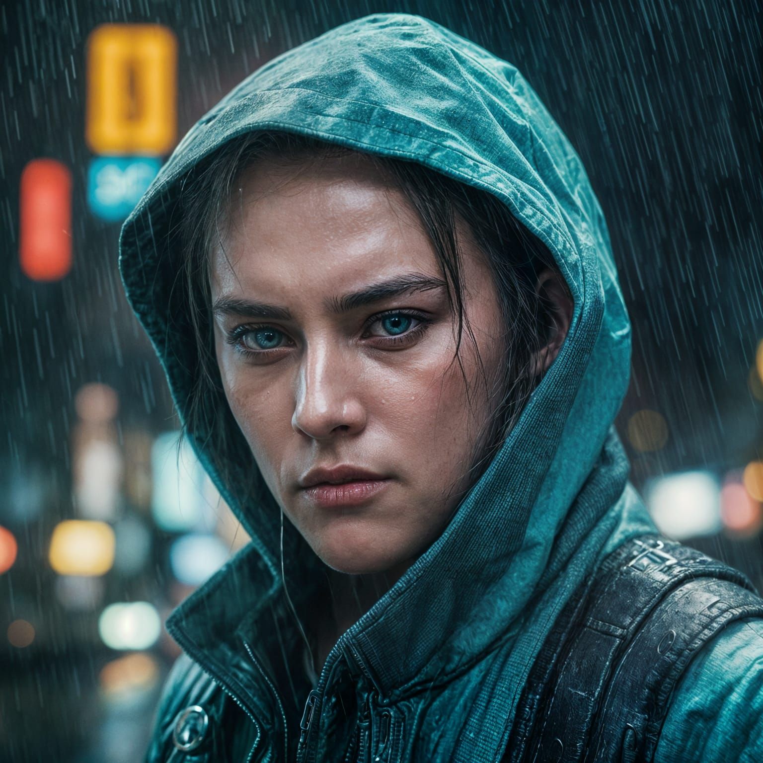 Cyberpunk Protagonist in Rainy Cityscape