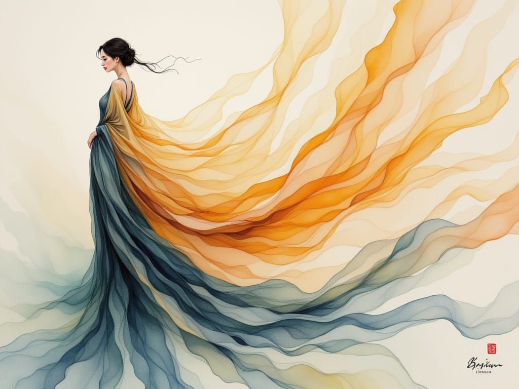 A Poised Woman Dissolves into Watercolor Dreamscape