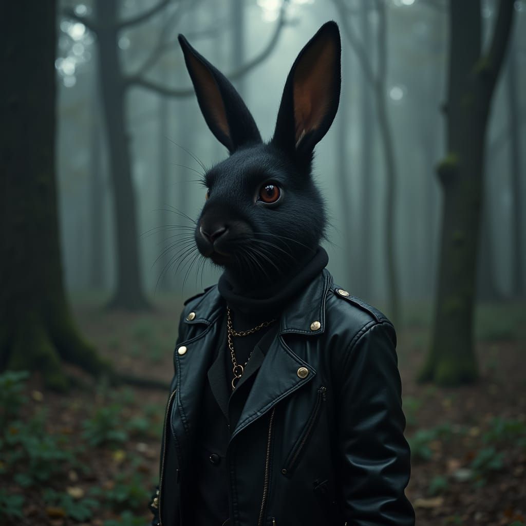 Gothic Bad Bunny in Mystical Cyberpunk Forest