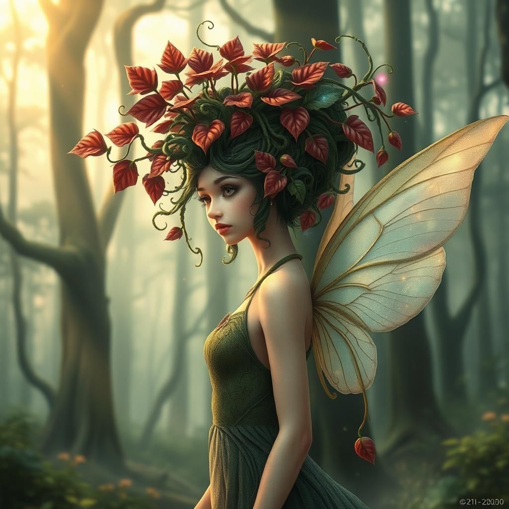 Tree Fairy with Crimson Leaves and Emerald Vines