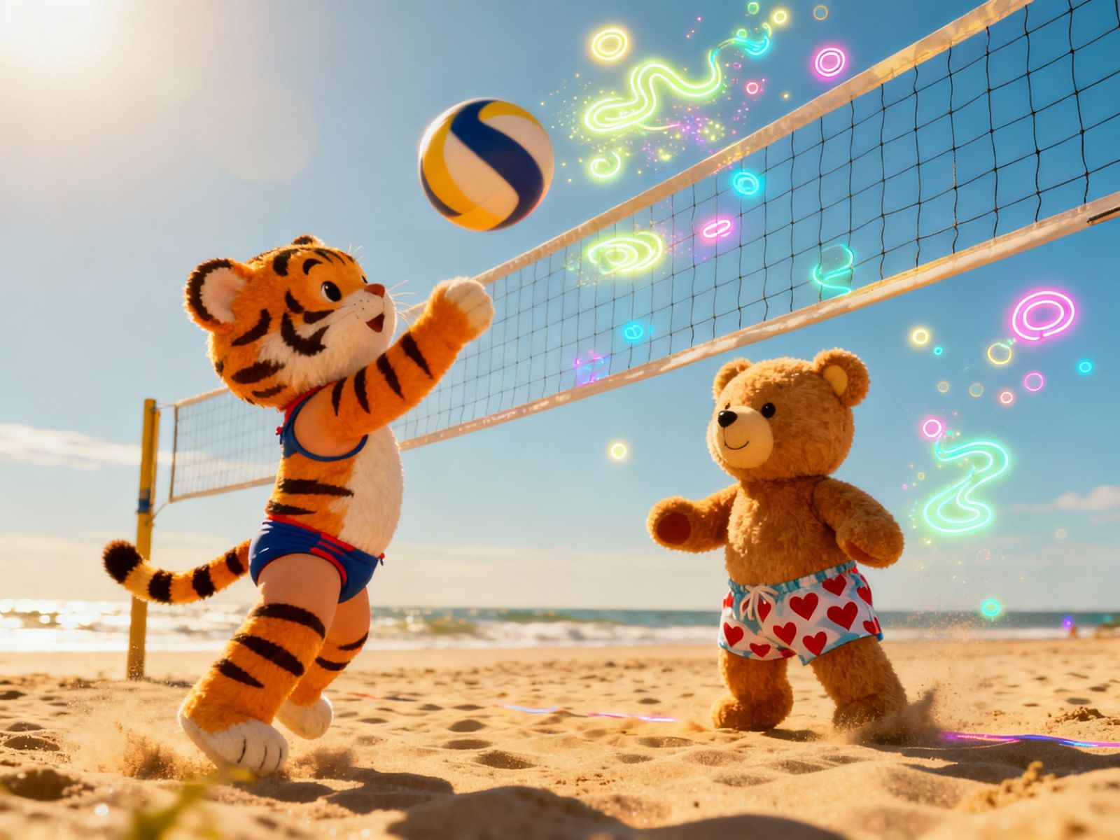 Cute Tiger Kid and Teddy Bear Play Volleyball on Neon Beach