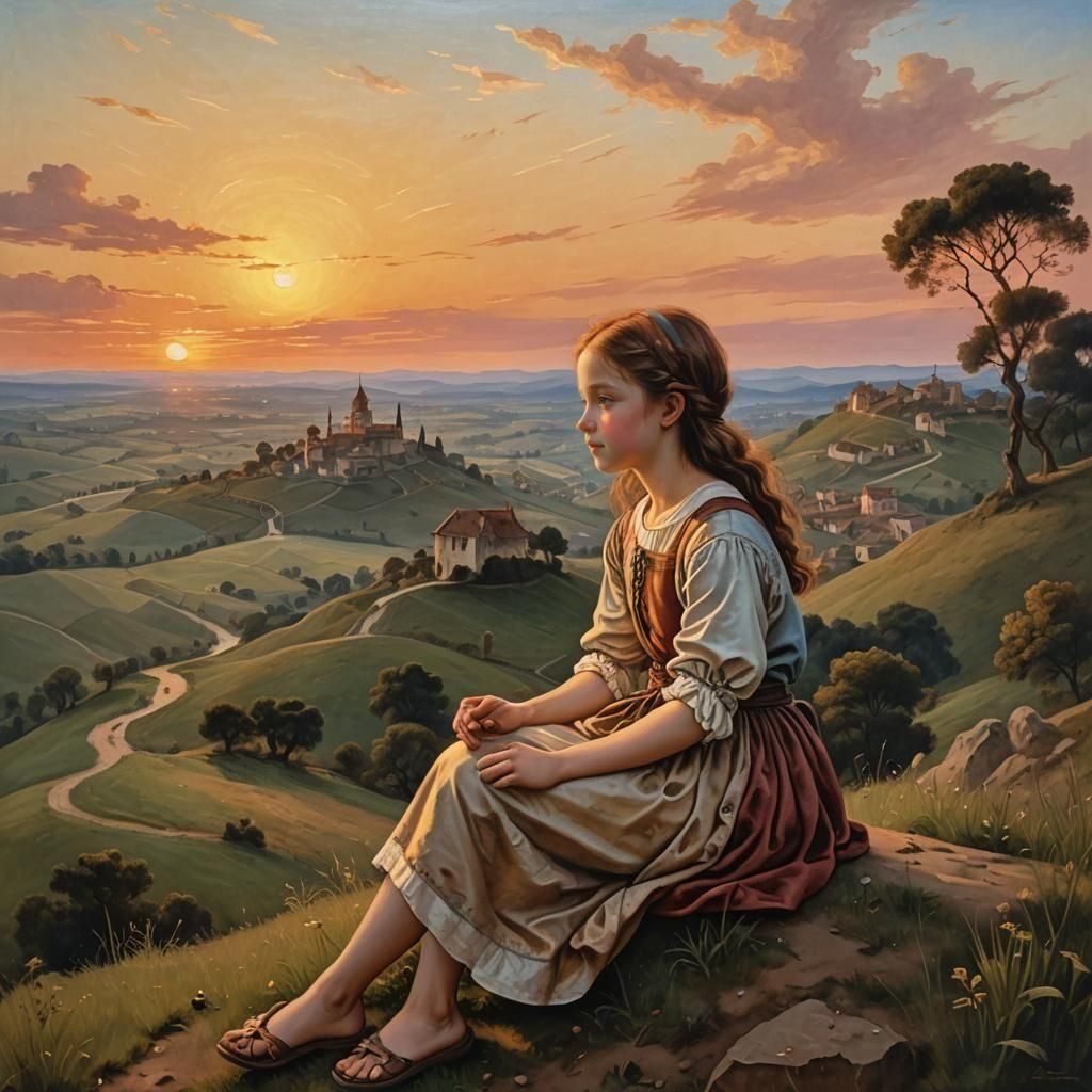 Girl on Hill at Sunset: Renaissance Painting