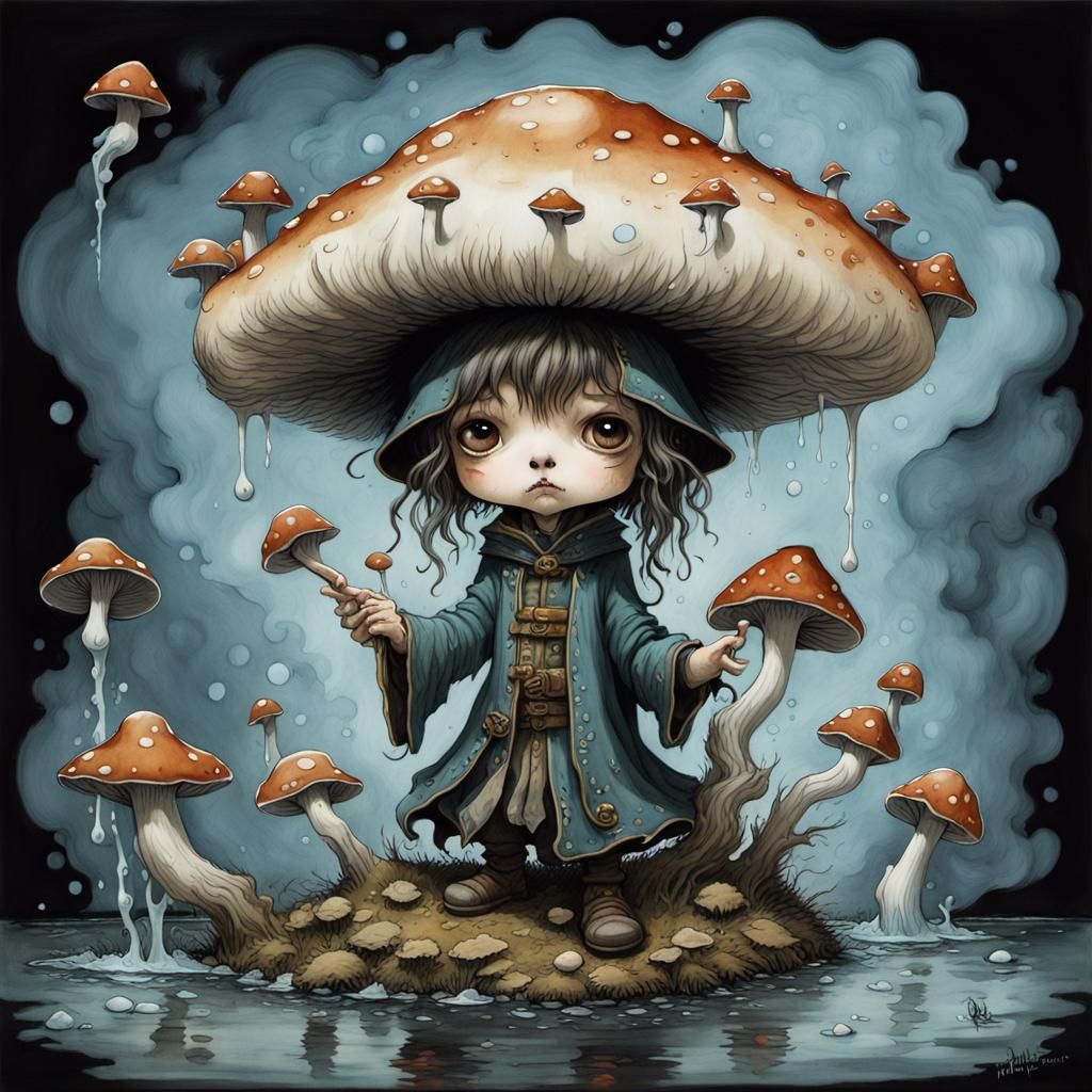 Whimsical Mushroom Man Water Mage in Gouache Style