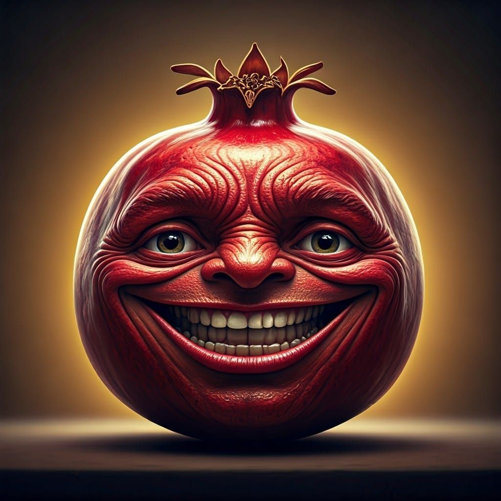 Hyperrealistic Portrait of a Smiling Pomegranate in Golden L...