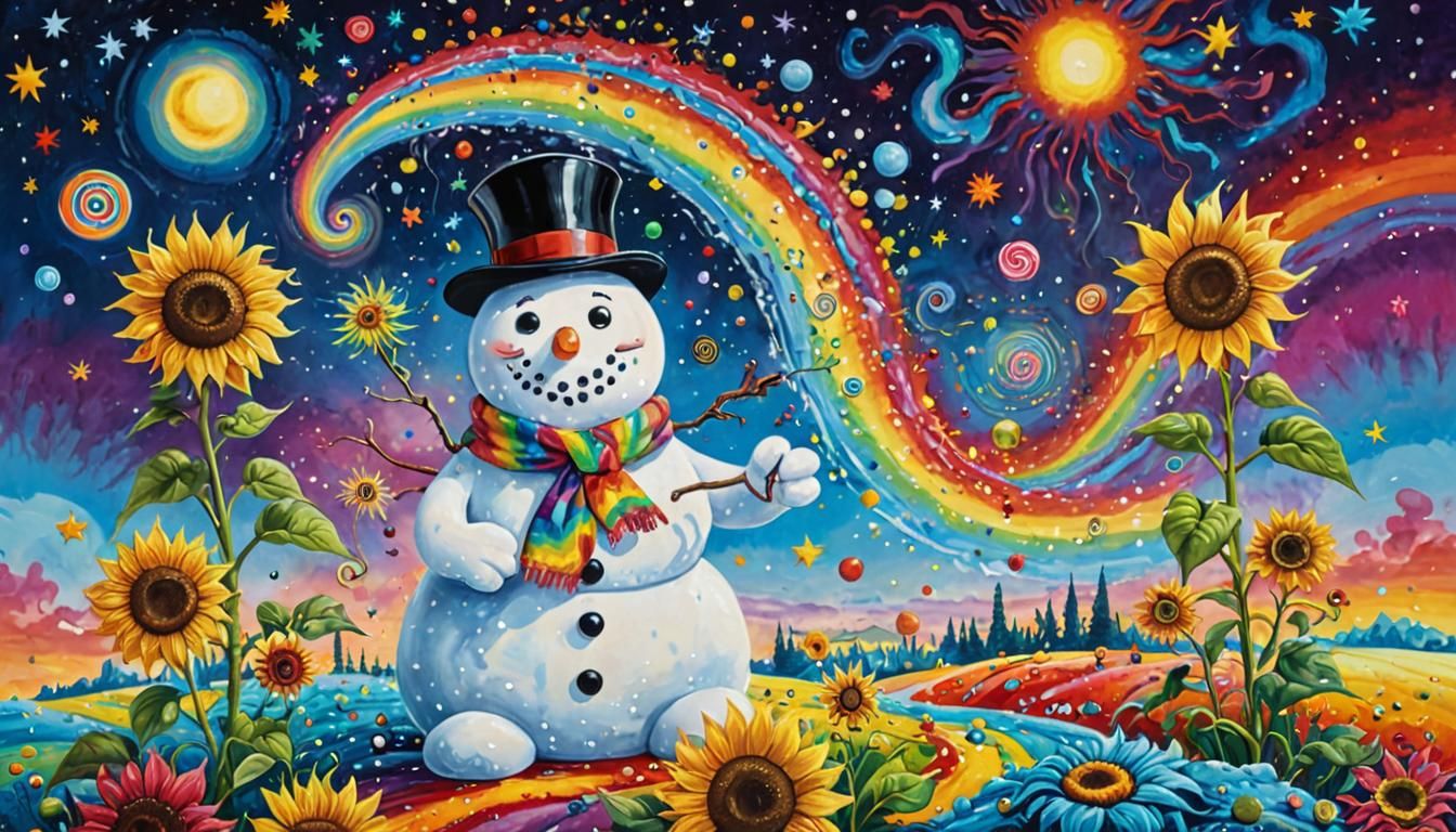 Surreal Snowman Cat in a Vibrant Candyland Dream