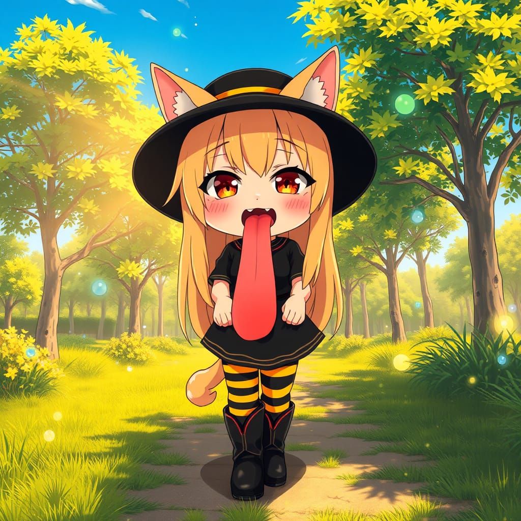 Anime Catgirl in Nature Park, Synthwave Style
