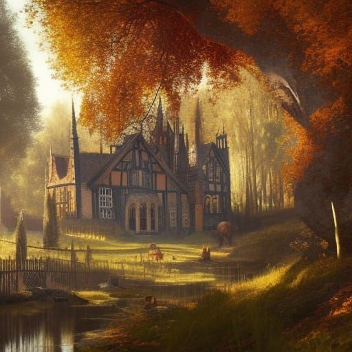 High Gothic Victorian Village in Autumn Sunlight