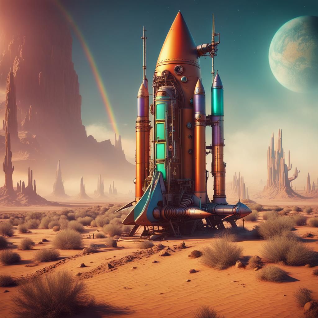 Rainbow Steampunk Rocket in Desert, Retro Art