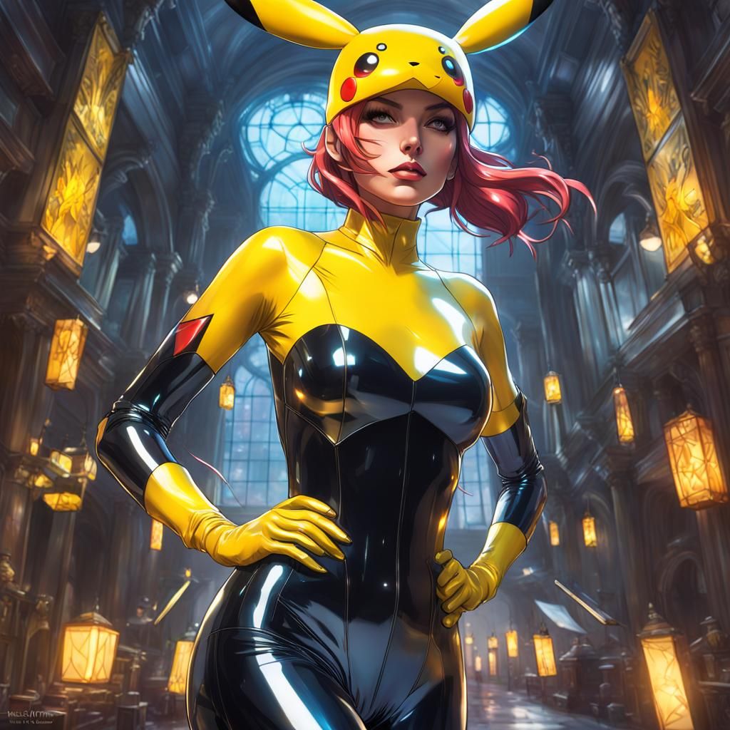 Pikachu Girl in Latex Catsuit: Hyperdetailed Portrait