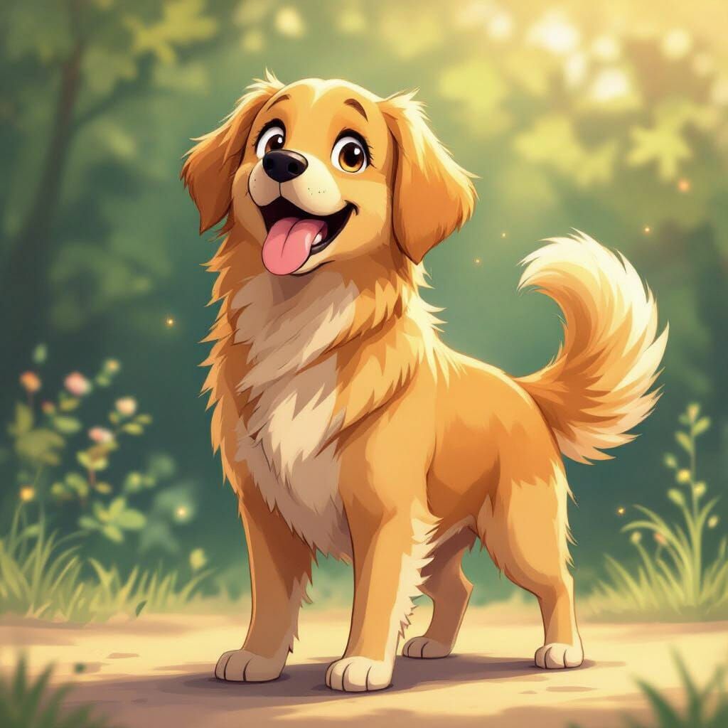 Joyful Anime Golden Retriever Standing on Hind Legs