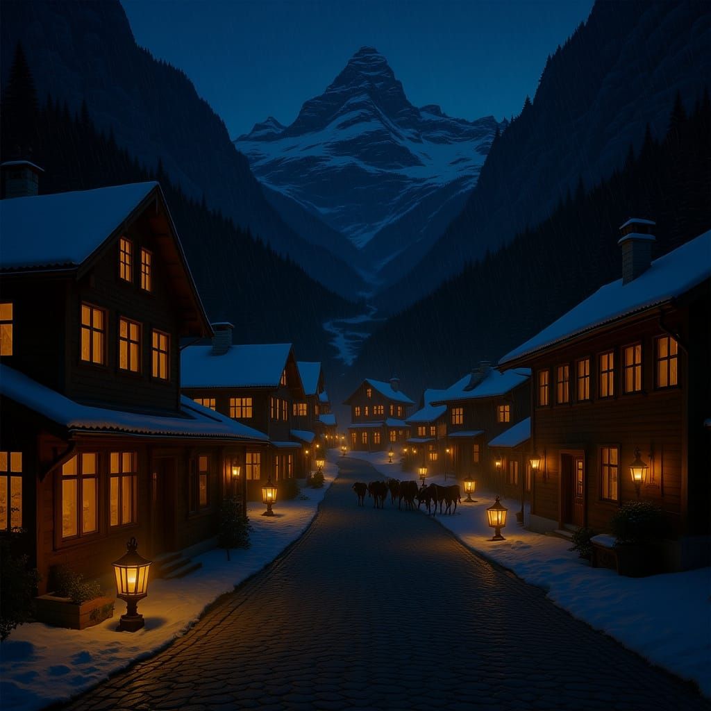 Cozy Swiss Alpine Village at Dusk in Painterly Concept Art S...