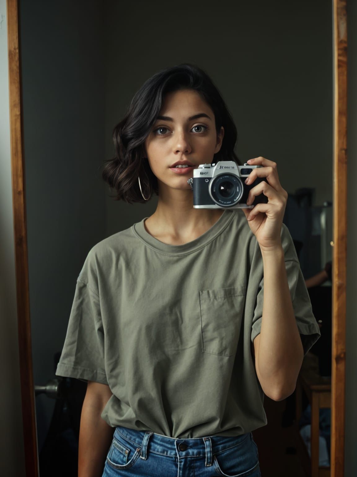 Casual Selfie in Dark Bedroom, Analog Photo Style