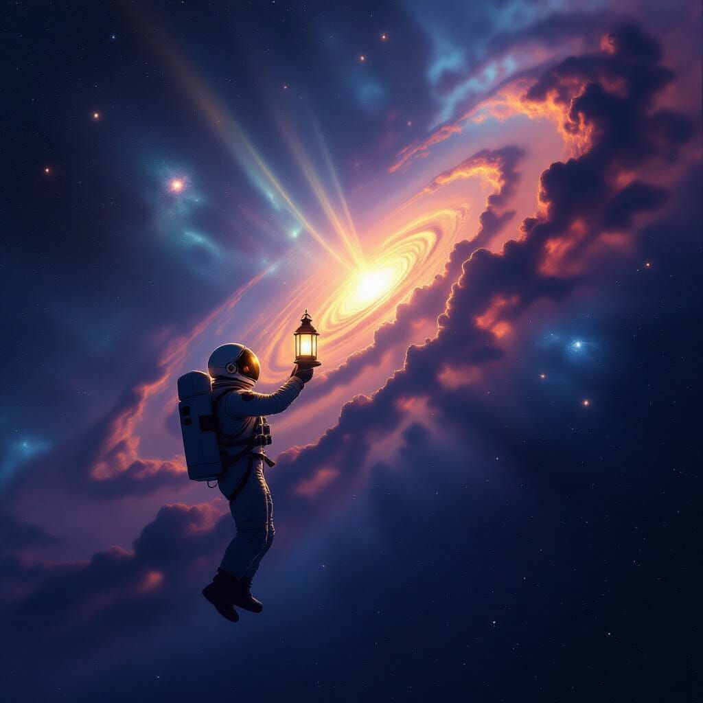 Astronaut with Lantern Adrift in Space