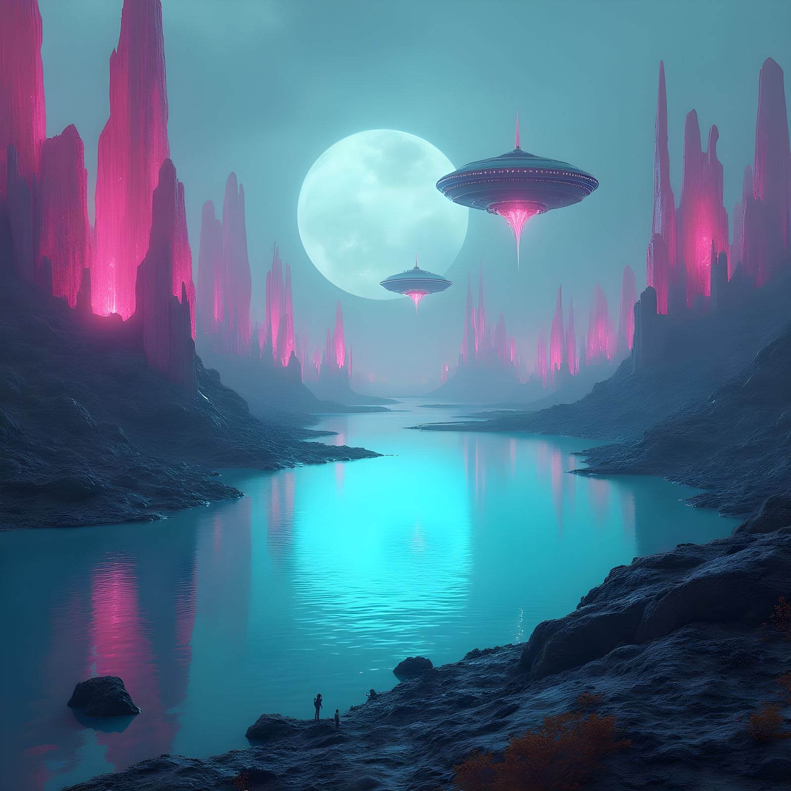 Glowing Alien Lake with Sci-Fi Ships and Crystal Formations