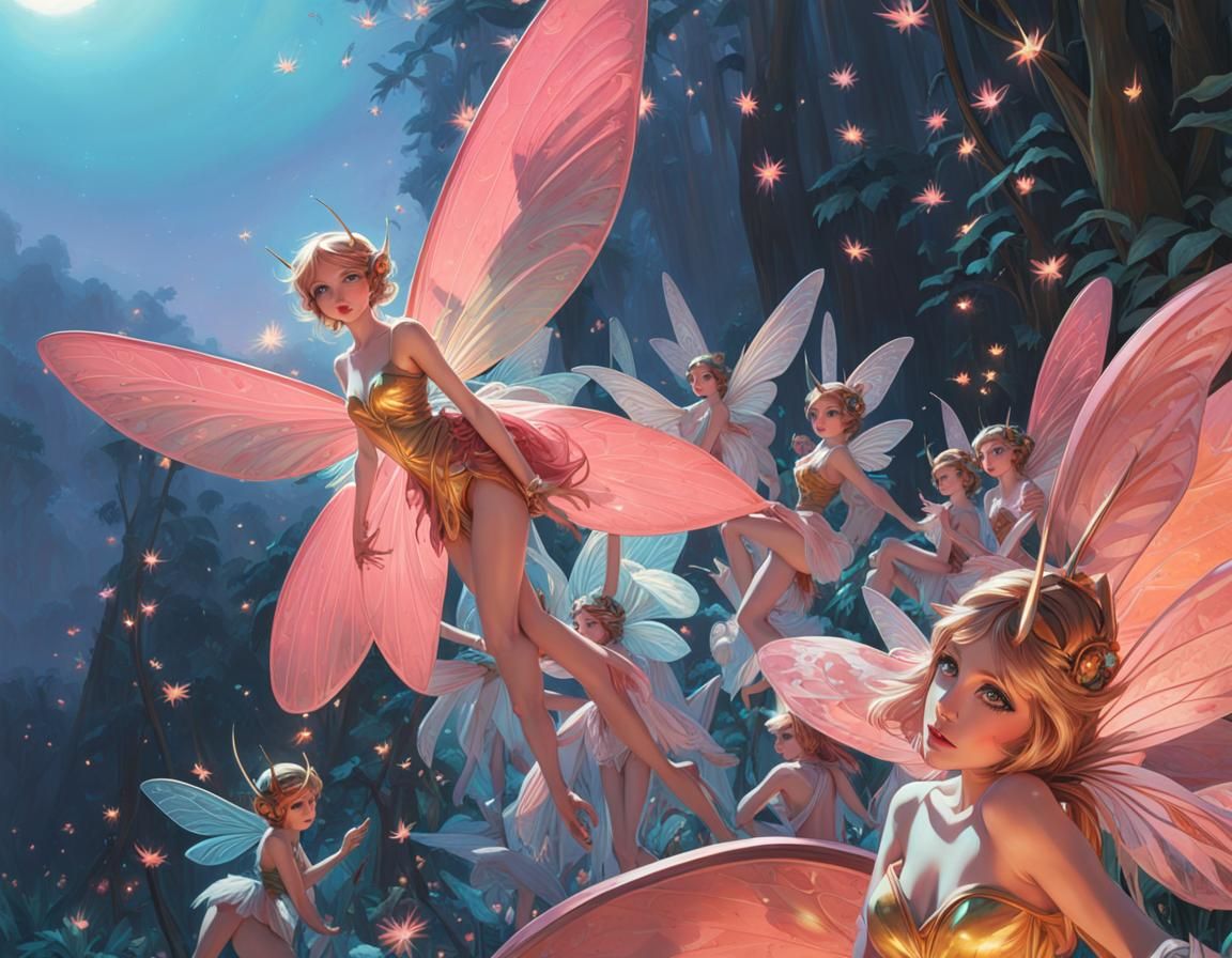 Luminescent Firefly Fairy Swarm in Art Nouveau Style