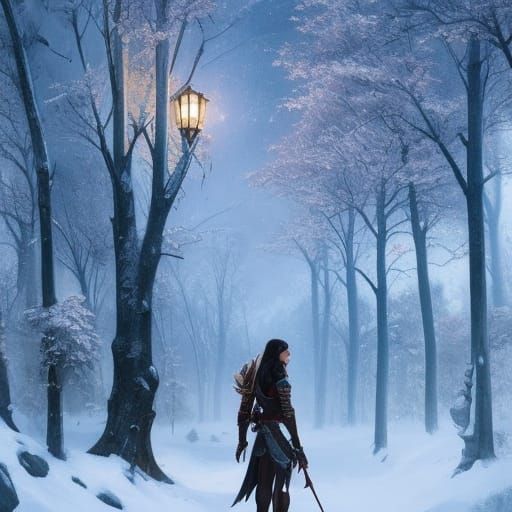 Cute Soldier Girl in Winter Glade, Digital Art